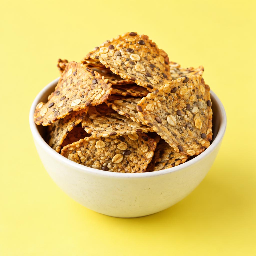 Golden-brown multigrain chips with seeds in a bowl