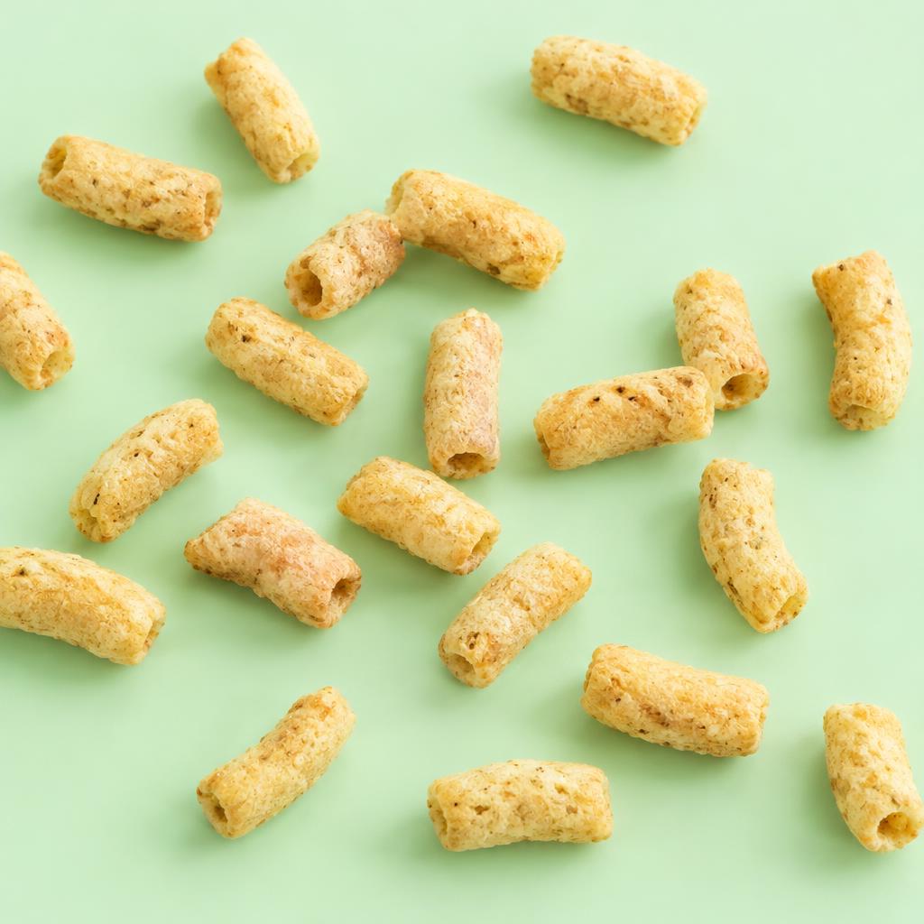 Light golden multigrain puffs scattered on a mint backdrop