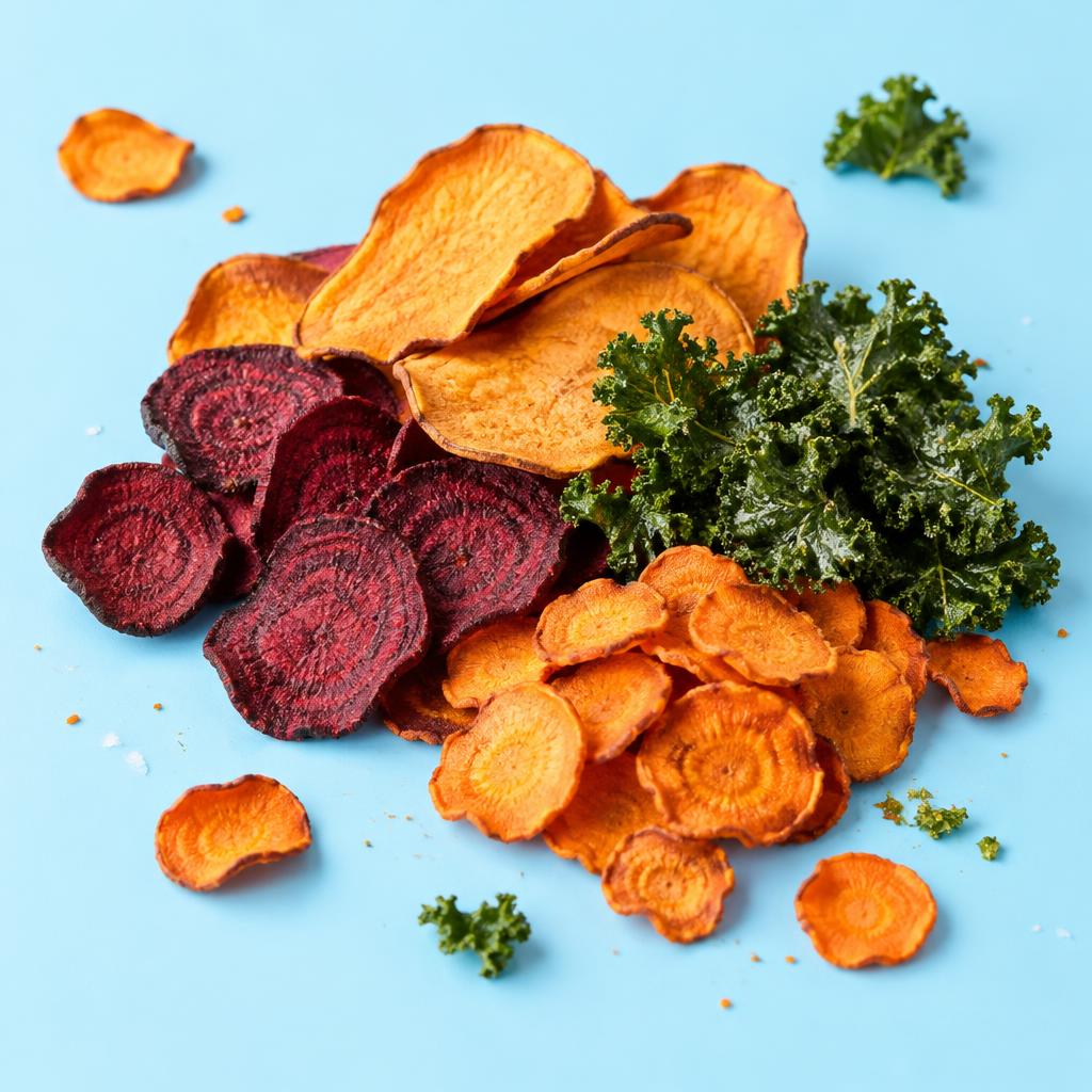 Colourful vegetable chips on a pastel blue backdrop